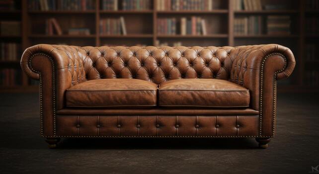 Elegant chesterfield sofa in a classic library setting evokes timeless style photo