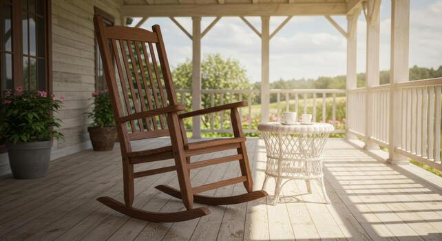 Serene porch scene with rocking chair, inviting relaxation and contemplation photo