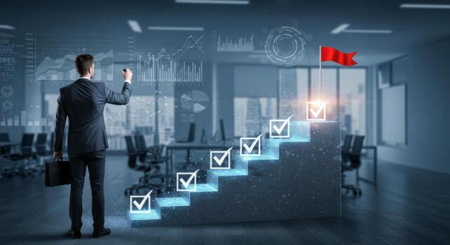 Businessman visualizing success with data analytics and achieving goals efficiently photo