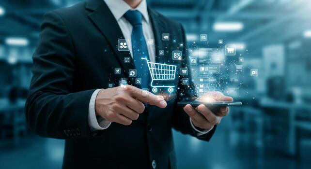 Modern businessman utilizing mobile shopping cart app with digital interface photo