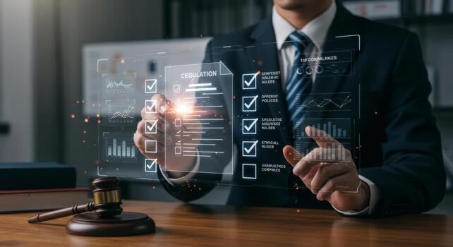Modern lawyer overseeing regulatory compliance through an interactive holographic interface photo