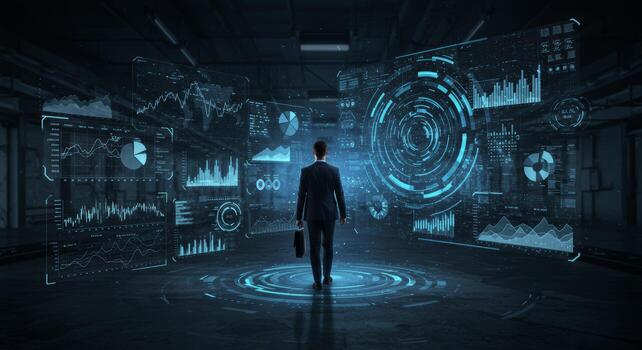 Navigating the Future Businessman Confronting Data Visualization Interfaces photo