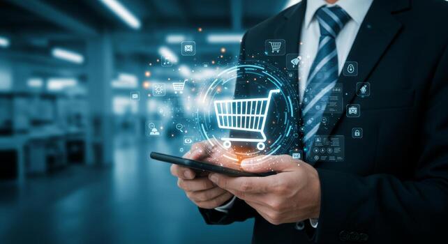 Digital Marketplace Man Using Phone with Holographic Shopping Cart Interface photo