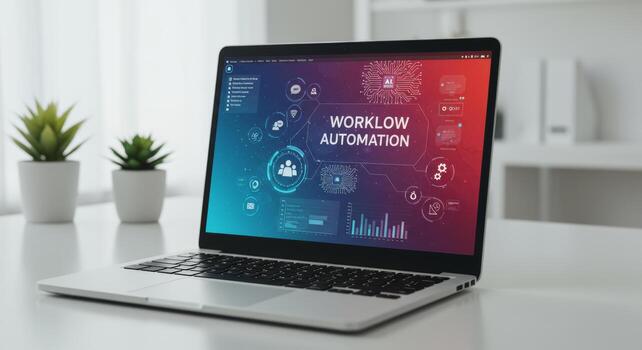 Laptop showcasing workflow automation with advanced technologies in a minimal desk setting photo