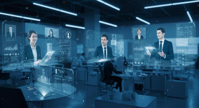Futuristic Business Communication with Holographic Interfaces in Modern Office photo