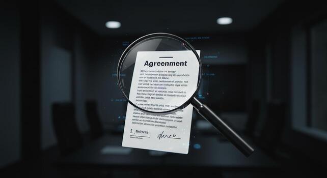 Magnifying Glass Focuses on Agreement Document in Professional Setting photo