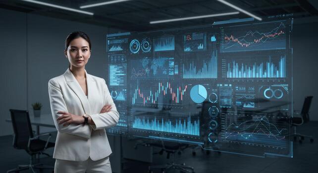 Asian businesswoman in office visualizing holographic data analytics dashboard photo