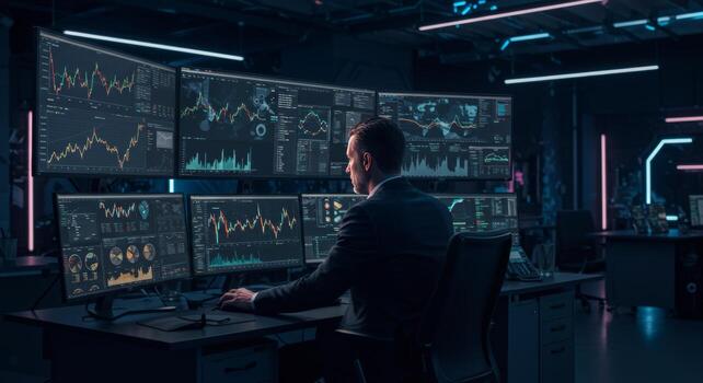 Financial Trader Analyzing Stock Market Data on Multiple Screens in Office photo