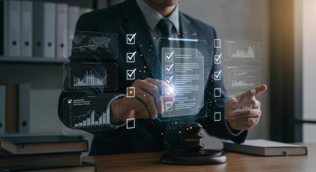 Legal professional navigating digital compliance regulations with enhanced technology photo