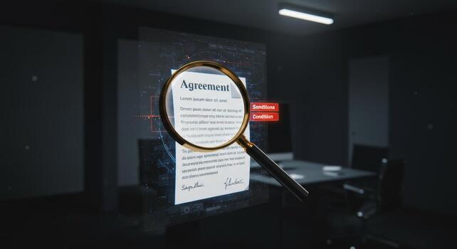 Forensic Examination of Legal Agreement with Magnifying Glass in Darkroom Setting photo