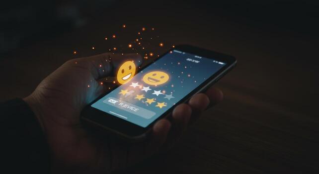 Mobile application review interface with rating stars and emoji feedback on screen photo