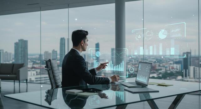 asiático negocio profesional analizando datos visualización en moderno oficina foto