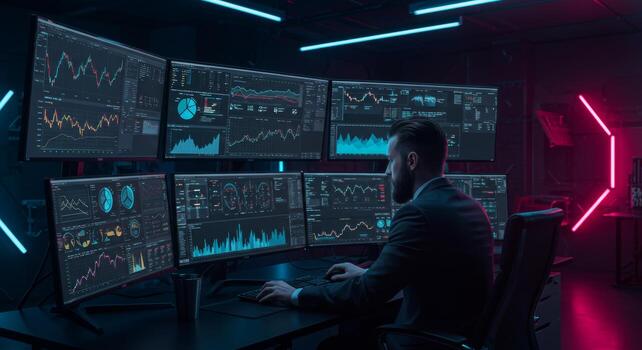 Financial Analyst Working on a Complex Stock Market Data in Neon Lit Room photo