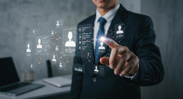 Innovative hr professional interacting with digital interfaces for recruitment photo