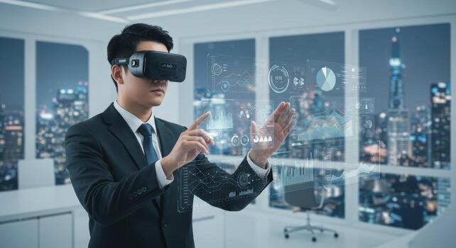 innovador aumentado realidad negocio visualización en el moderno espacio de trabajo foto