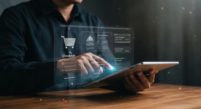 Seamless shopping experience with tablet, engaging customers through digital commerce photo
