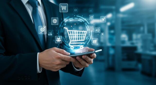 Digital commerce concept showcasing online shopping and innovative technology photo