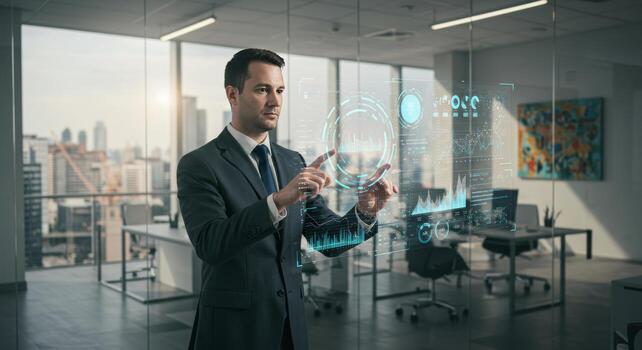 Visionary business professional leveraging advanced digital analytics interface photo