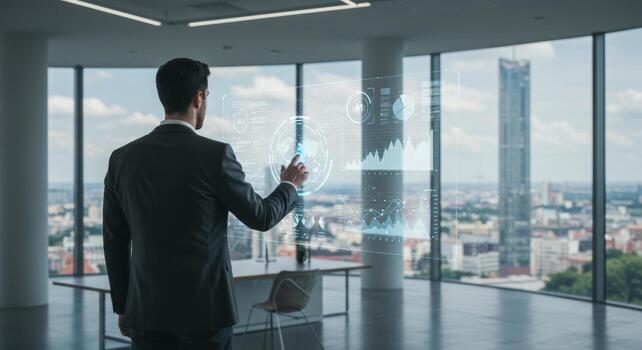 Businessman interacting with digital interface in modern office setting photo