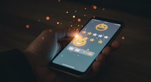 Customer satisfaction feedback shown on smartphone with rating and smileys photo