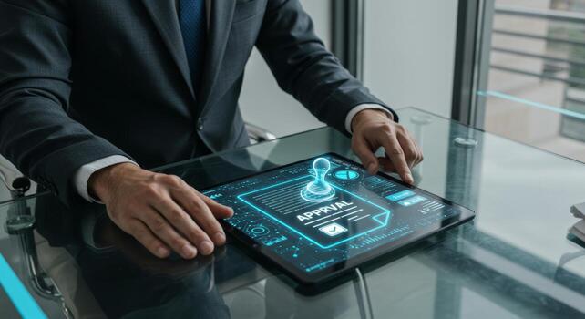 Streamlining processes Man uses digital approval system on tablet photo