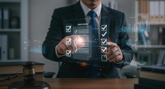 Advanced Legal Compliance A Lawyer Interacting with Digital Checklist Interface photo