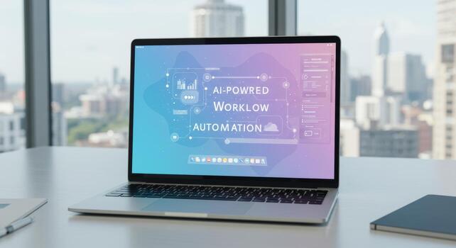 AI-Powered Workflow Automation Displayed on Laptop in Modern Office Setting photo