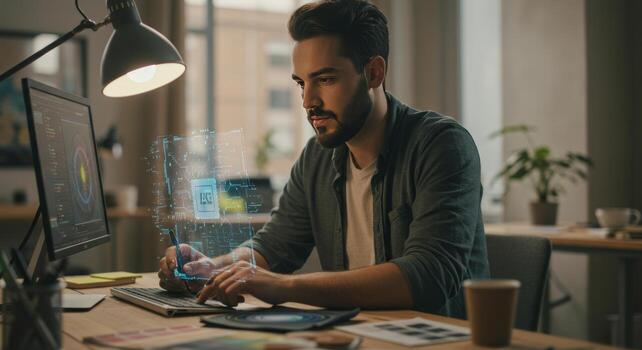 Focused designer working on creative projects in a modern office environment photo