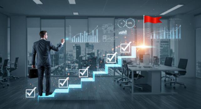 Professional advancing up augmented steps to achieve success in modern office photo