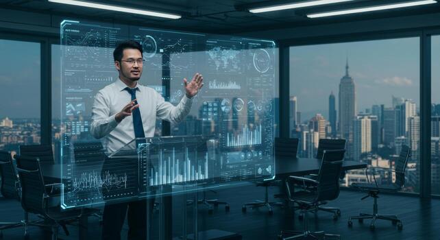 Visionary Asian businessman presenting future strategies using holographic interface photo