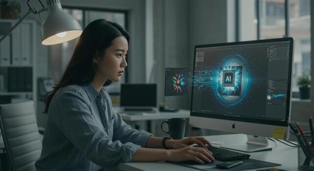 joven profesional elaboración innovador ai gráficos en su gama alta computadora foto