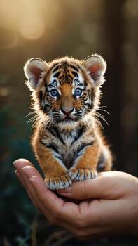 minúsculo Tigre cachorro acunado, símbolo de fragilidad y el necesitar para conservación foto