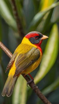Vibrant plumage of an exotic weaver bird perched delicately on a branch photo