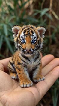 Adorable tiger cub sitting in a human hand, highlighting its small size and vulnerability photo