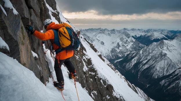 Challenging Ascent An Adventurous Mountaineer Conquers a Snowy Mountain Peak photo