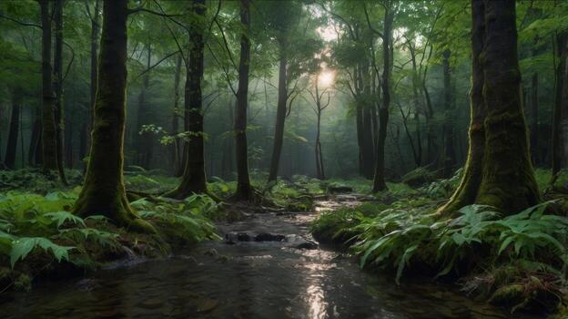 Serene Sunlight Through the Forest Canopy and Flowing Stream Landscape photo