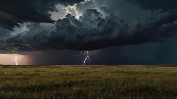 dramático tormenta con relámpago huelgas terminado un vasto campo durante noche foto