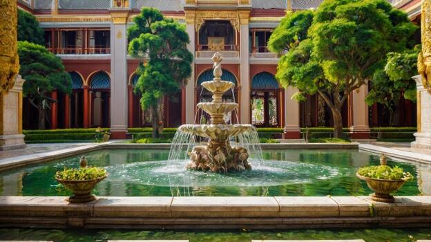 Elegant Fountain in a Lush Courtyard of an Architectural Masterpiece Building photo