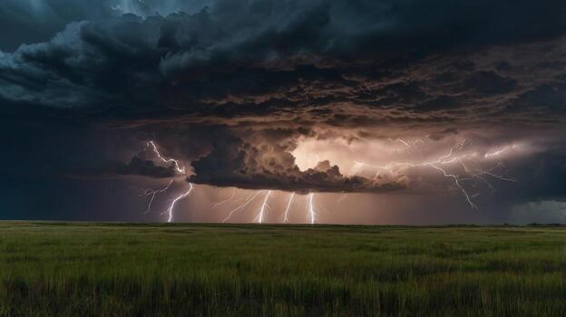 espectacular relámpago tormenta terminado campo muestra el crudo poder de naturaleza foto
