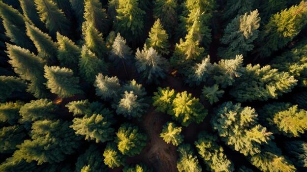Aerial view of a dense coniferous forest with a natural and calming atmosphere photo