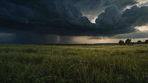 Dramatic storm clouds over a vibrant green field with distant lightning photo