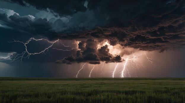 dramático relámpago tormenta terminado verde campos capturas de la naturaleza furia y poder foto