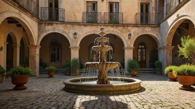 Tranquil courtyard featuring a tiered stone fountain in a historic building photo