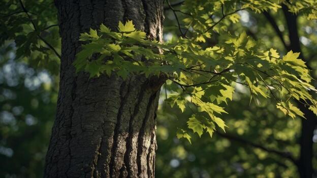Close-up of tree bark and leaves in sunlight creating a natural texture photo