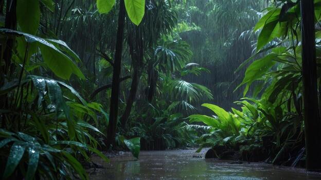 Lush Rainforest Canopy Scene with Heavy Rainfall Creating a Mystical Ambiance photo
