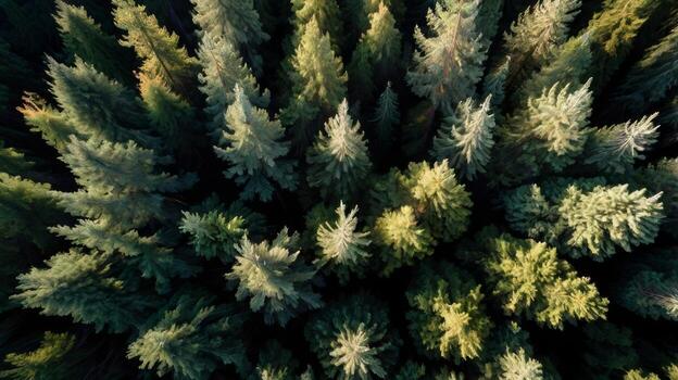 Aerial view of a dense evergreen forest with various shades of green foliage photo