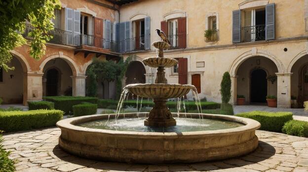 Serene Courtyard with Stone Fountain and Bird in an Italian Architectural Setting photo