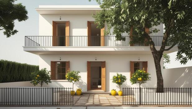 Elegant two-story Mediterranean villa with balcony and lush lemon trees enhancing its charm photo