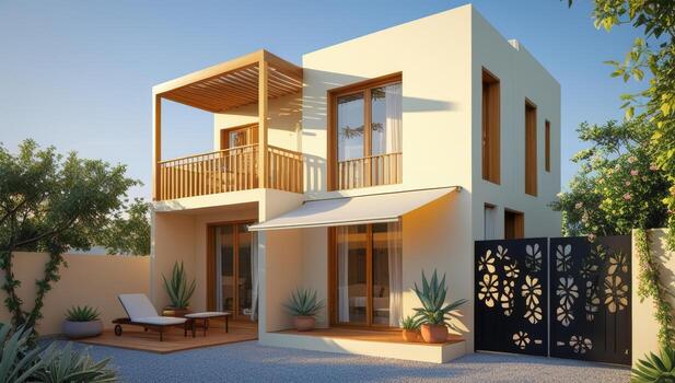 Modern two-story house with balcony, pergola and floral-patterned gate design photo