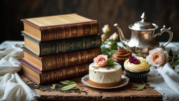 Vintage books and elegant sweets creating an atmosphere of serenity and warmth photo